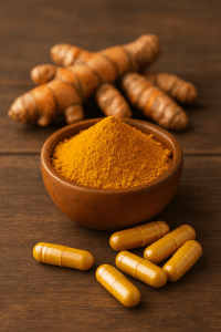 Bol en bois rempli de poudre de curcuma bio, épice naturelle aux propriétés anti-inflammatoires et antioxydantes