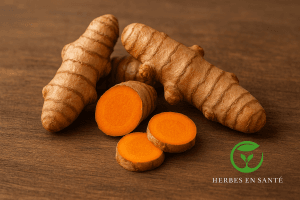 Racines de curcuma fraîches sur fond naturel, utilisées en cuisine et en phytothérapie pour leurs propriétés anti-inflammatoires et antioxydantes.