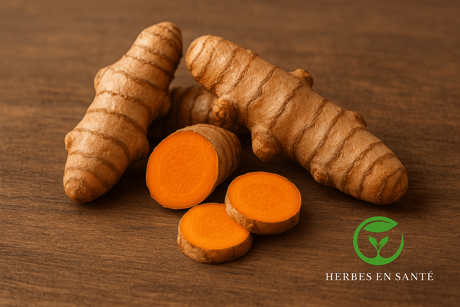 Racines de curcuma fraîches sur fond naturel, utilisées en cuisine et en phytothérapie pour leurs propriétés anti-inflammatoires et antioxydantes.