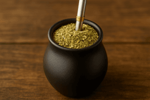 Maté Photo réaliste d’une calebasse noire remplie de feuilles de yerba maté, accompagnée d’une bombilla en acier, boisson traditionnelle énergisante d’Amérique du Sud.