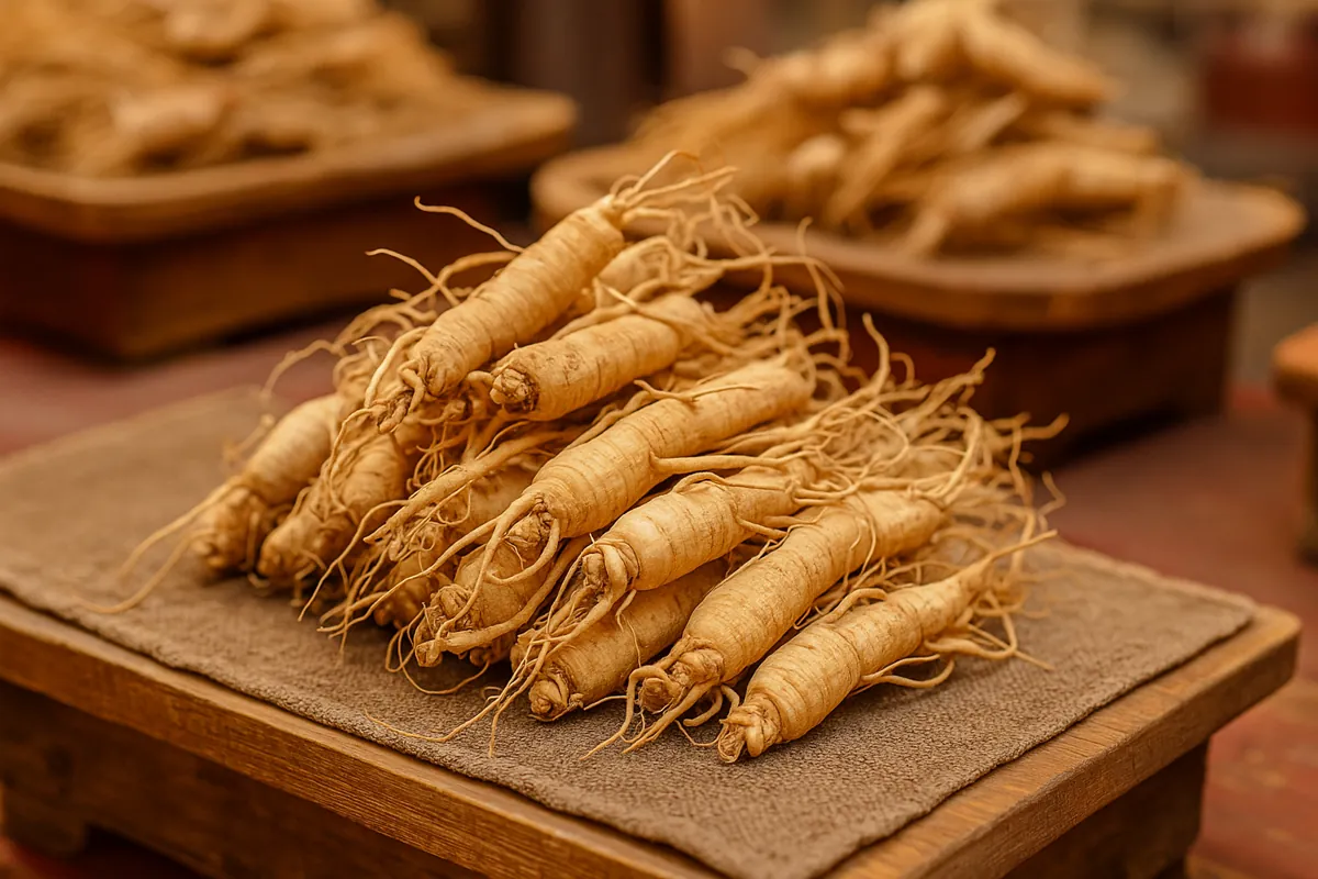 Racines de ginseng séchées alignées sur un marché traditionnel