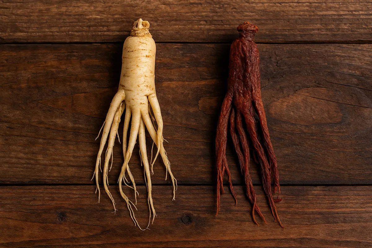 Racines de ginseng blanc et ginseng rouge côte à côte