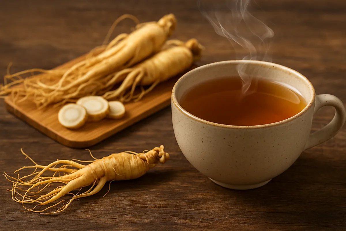 Tasse de tisane de ginseng avec racines tranchées