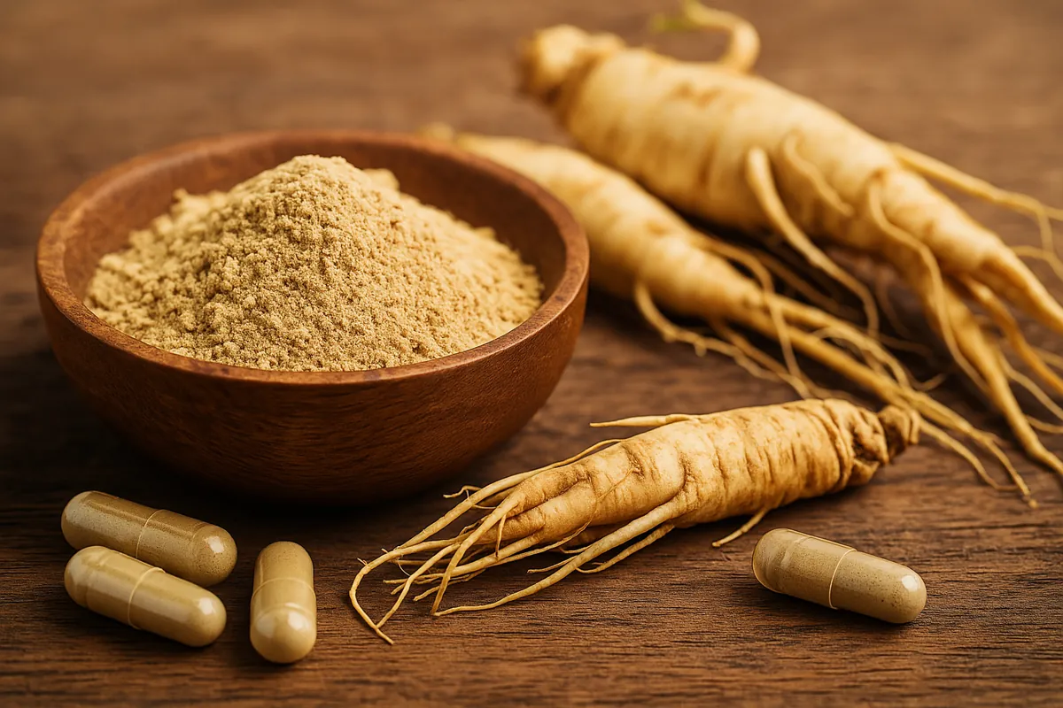 Poudre de ginseng et gélules disposées près de racines fraîches
