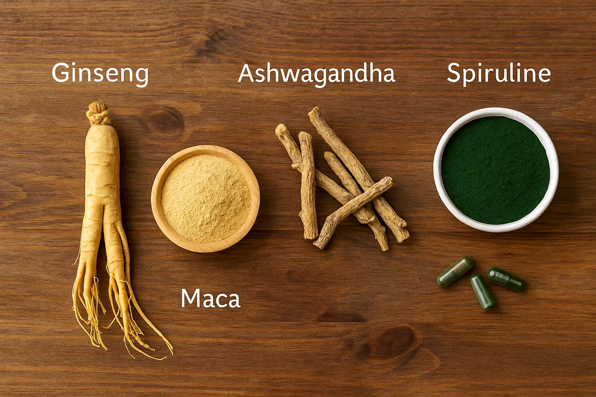 Comparaison visuelle du ginseng avec d’autres plantes adaptogènes comme la maca et l’ashwagandha