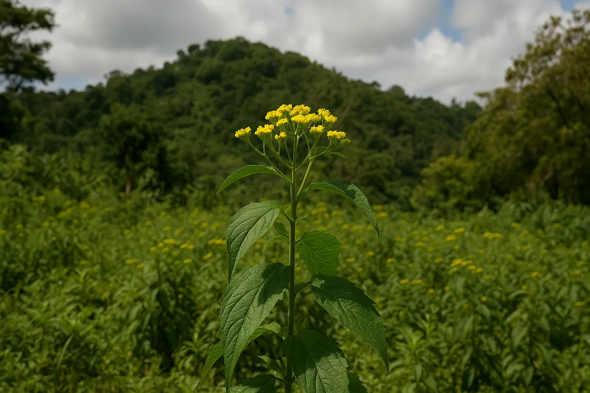Herbe à pic (Neurolaena lobata) – Plante traditionnelle polyvalente herbesensanté - herbe à pic (Neurolaena lobata) dans son milieu naturel en forêt tropicale