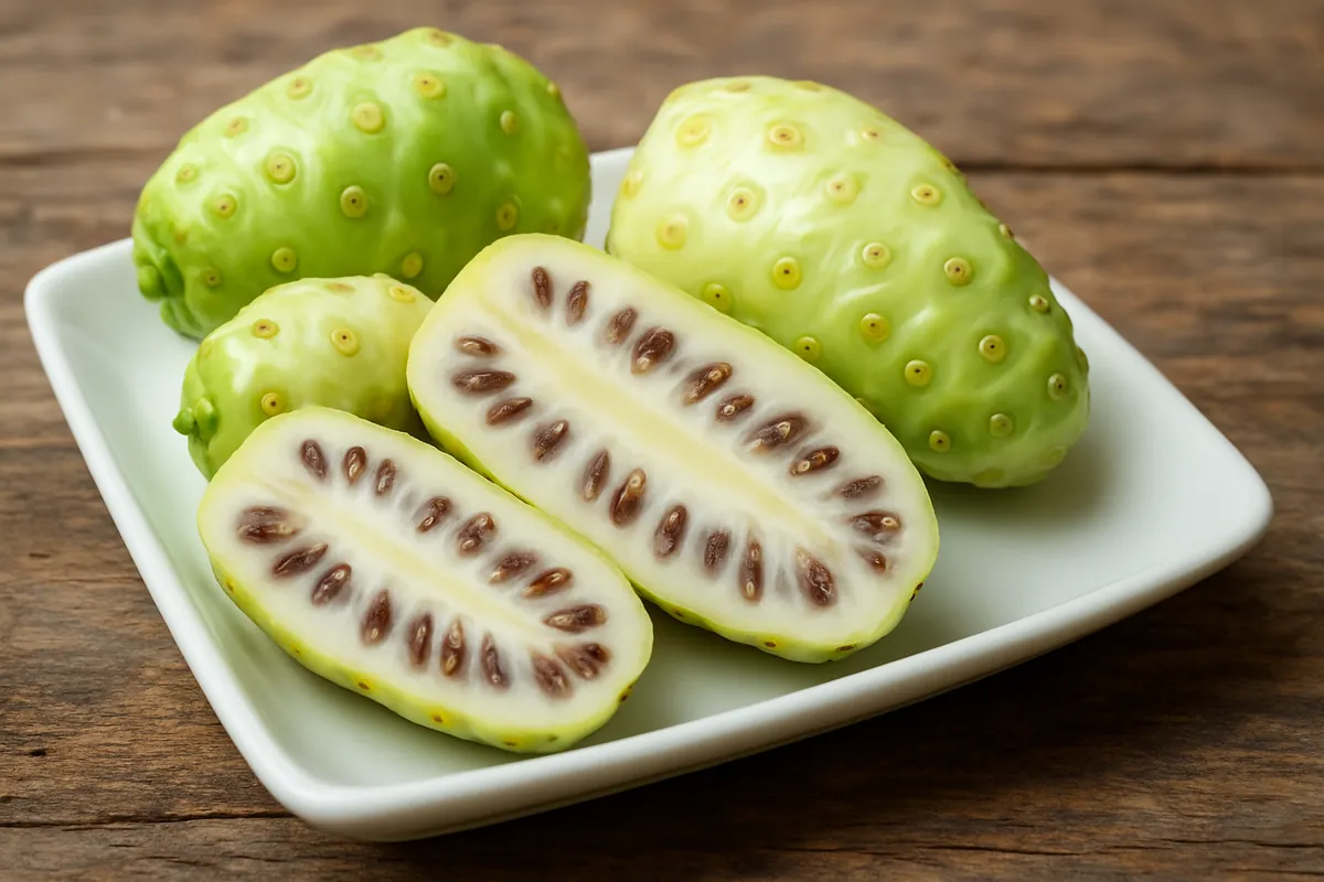 Fruits de noni entiers et coupés sur assiette – herbesensante