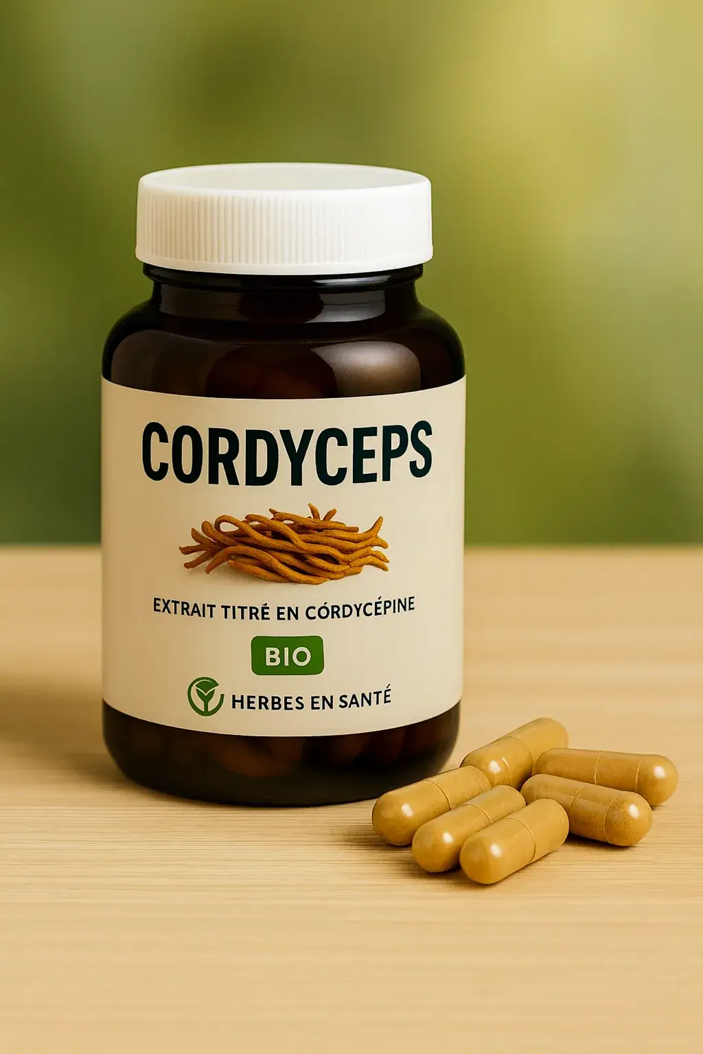 Flacon ambré de gélules de cordyceps bio Herbes en Santé sur table en bois
