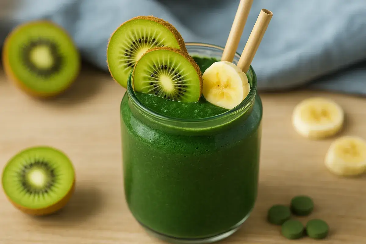 Smoothie énergisant à la spiruline Smoothie vert à la spiruline garni de kiwi et banane