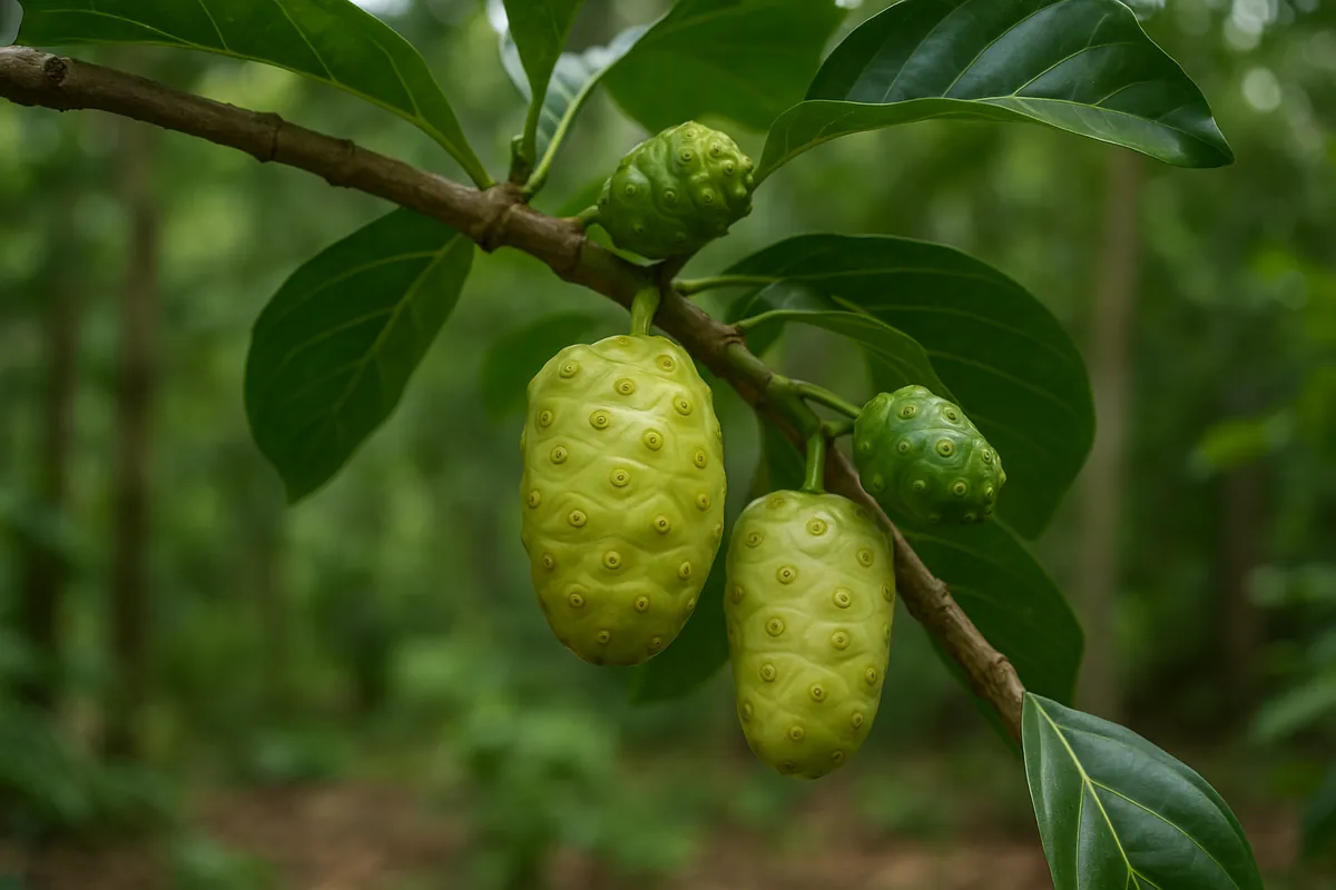 Fruits de noni suspendus à une branche avec feuilles vertes, photographie réaliste – herbesensante