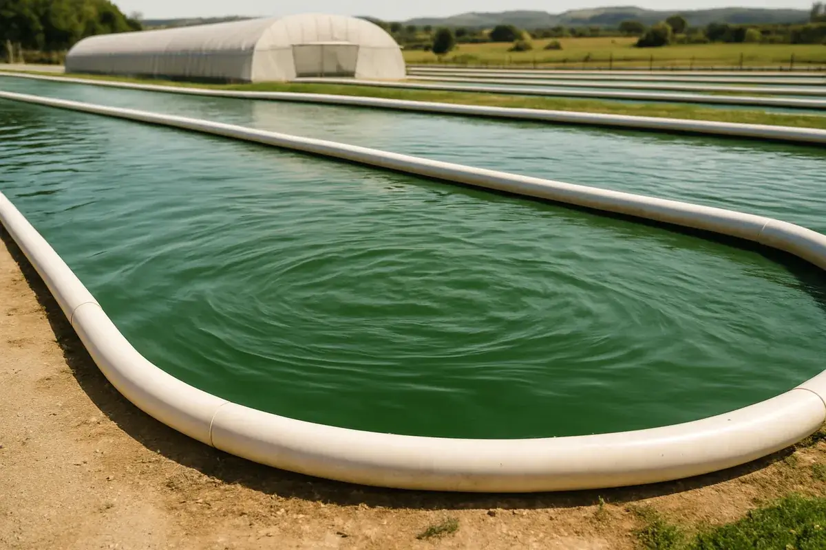 Culture de spiruline en bassin Bassin de culture de spiruline dans une ferme aquacole durable