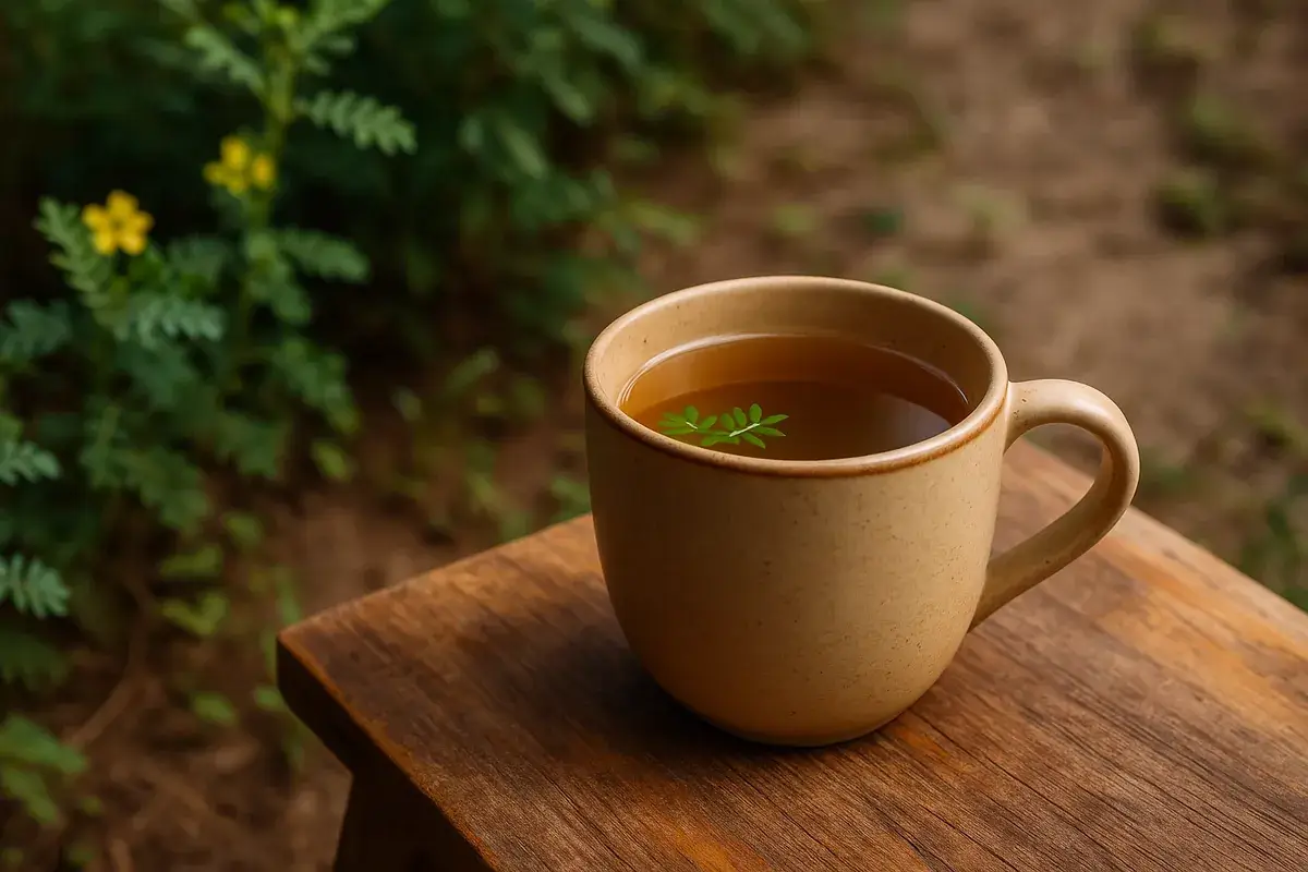 Infusion traditionnelle de tribulus terrestris en tasse dans un cadre naturel caribéen