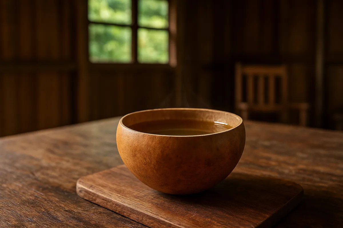 Tisane traditionnelle de herbe à pic servie dans une calebasse sur une table en bois créole