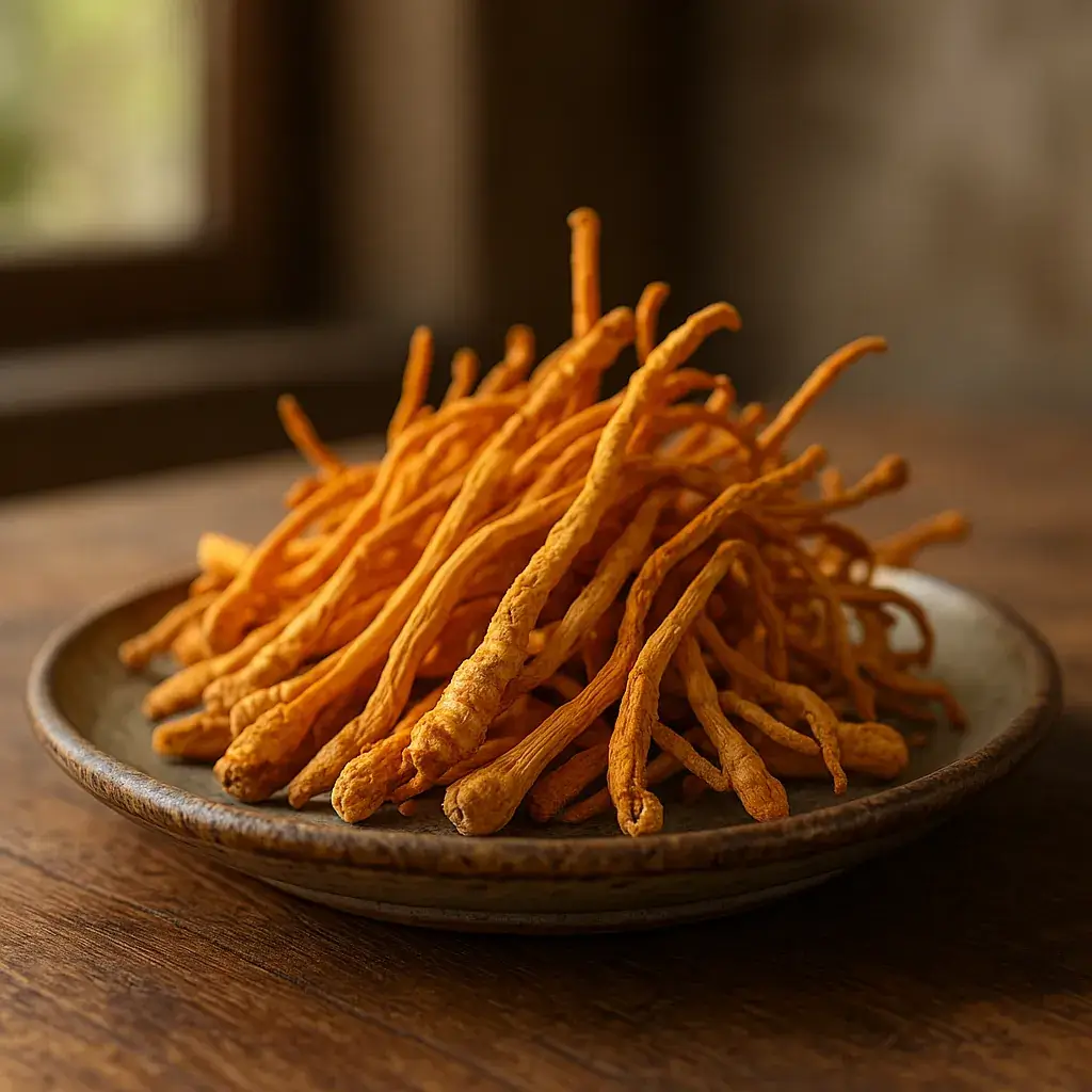 Cordyceps séché bio disposé sur une assiette en céramique rustique