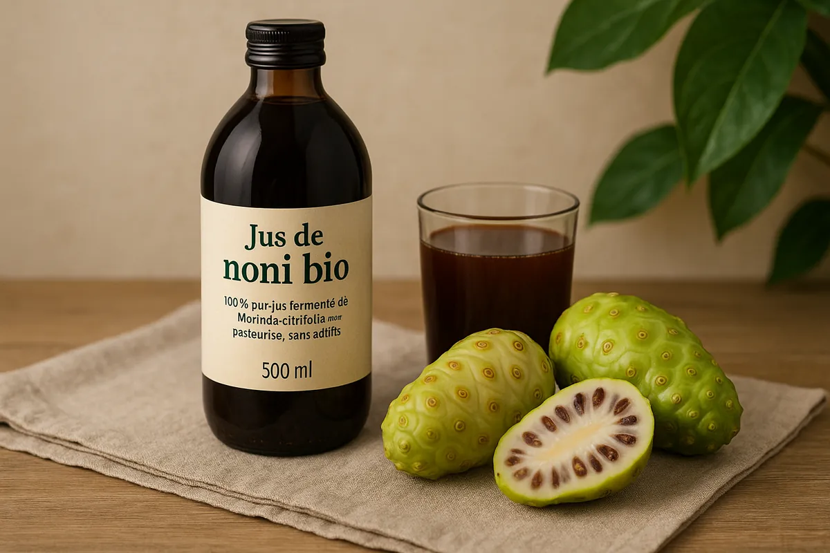 Jus de noni bio fermenté dans une bouteille en verre – herbesensante