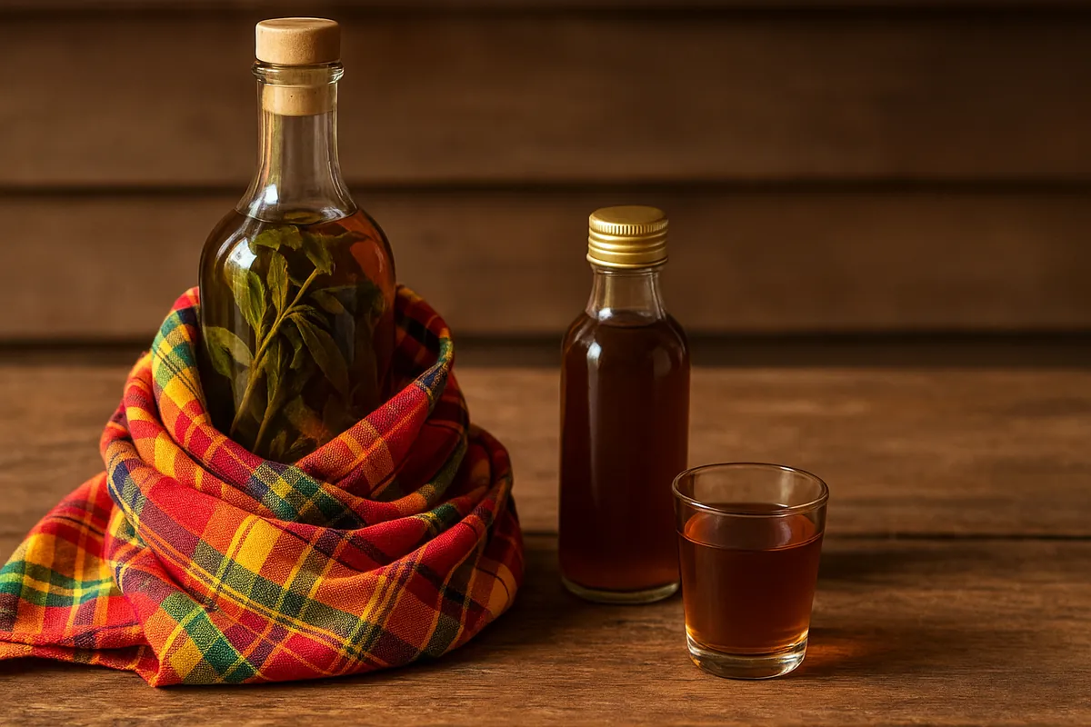 Bouteille de rhum arrangé à l’herbe à pic avec sirop artisanal et verre servi sur table en bois
