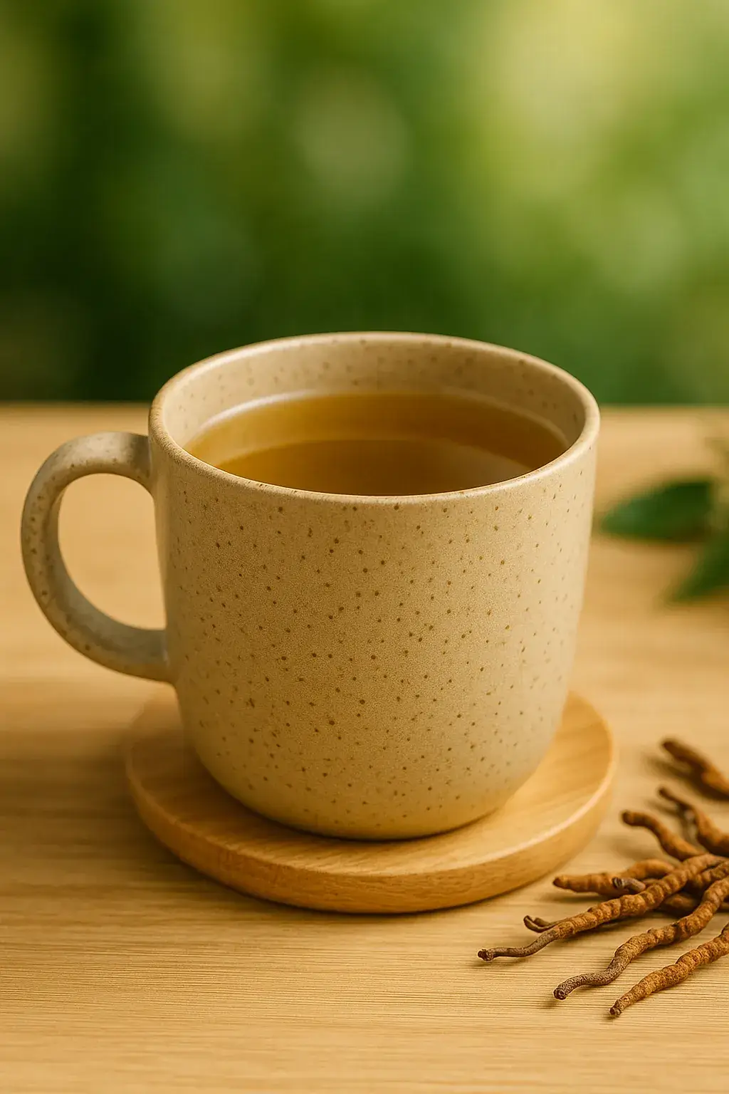 Infusion traditionnelle de cordyceps servie dans une tasse en céramique moderne