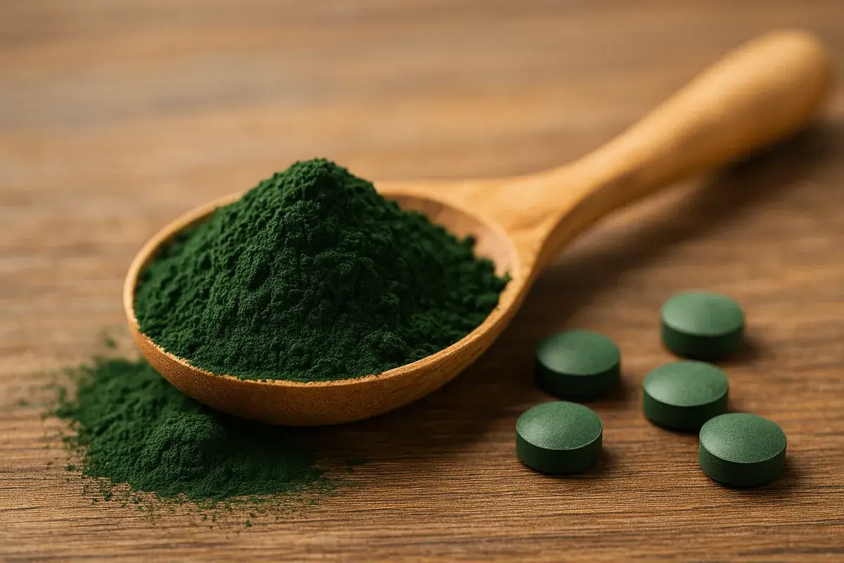 Spiruline en poudre et comprimés Cuillère en bois de spiruline en poudre verte avec comprimés naturels
