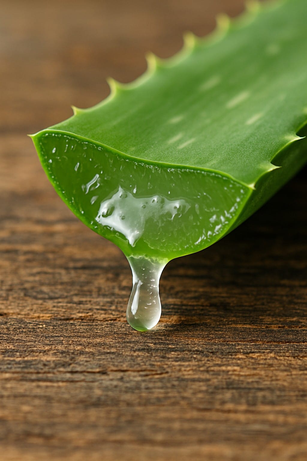 Gros plan d’une feuille d’aloé vera fraîchement coupée, montrant le gel translucide qui s’écoule sur une surface en bois.