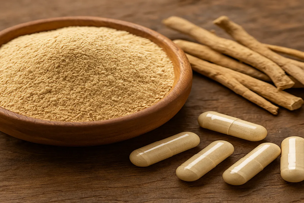 Racines, poudre et gélules d’ashwagandha : les formes les plus courantes Racines d’ashwagandha, bol de poudre beige et gélules naturelles sur table en bois