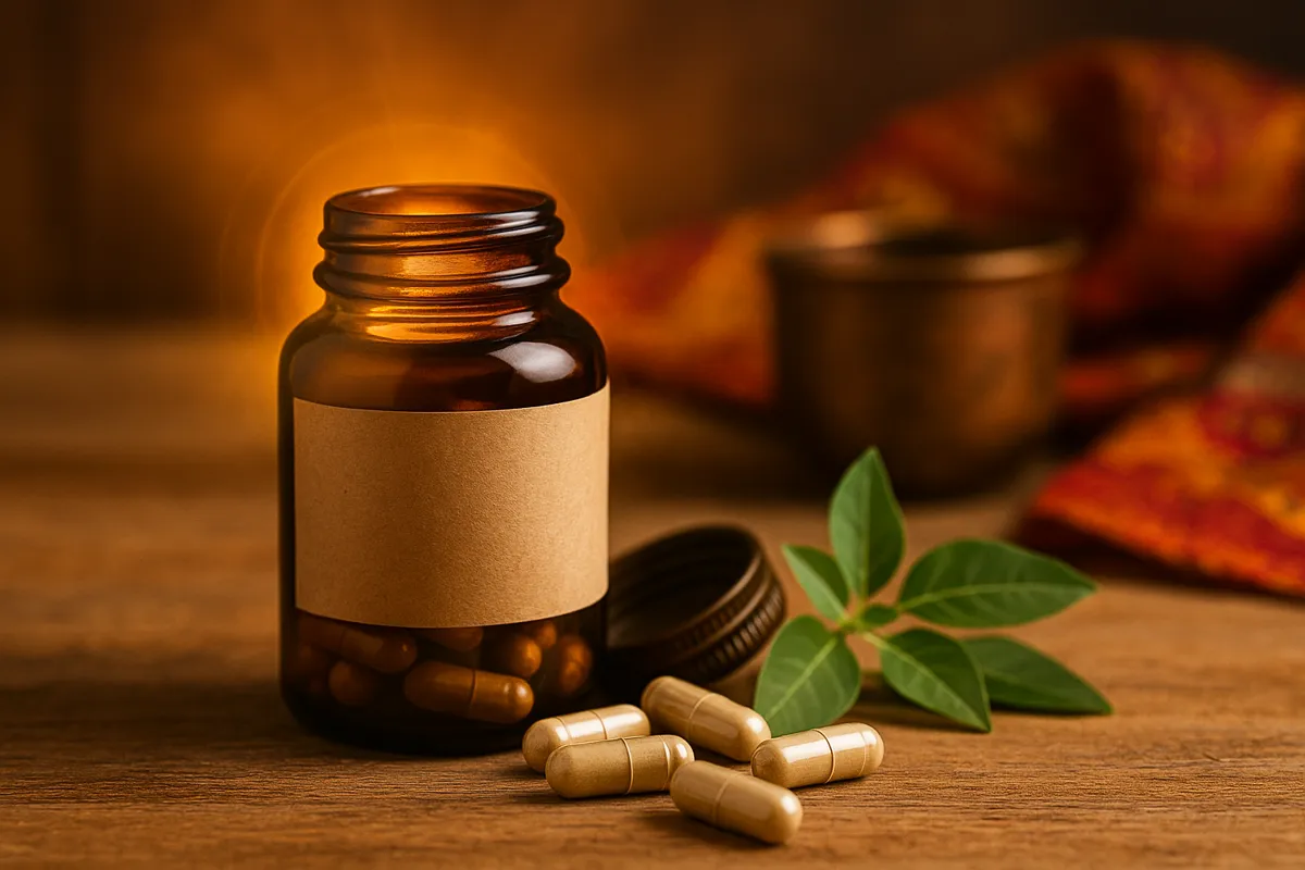 Complément d’ashwagandha : mise en scène ayurvédique chaleureuse Flacon ambré ouvert d’ashwagandha et gélules sur bois, halo doré, tasse et étoffe safran en arrière-plan