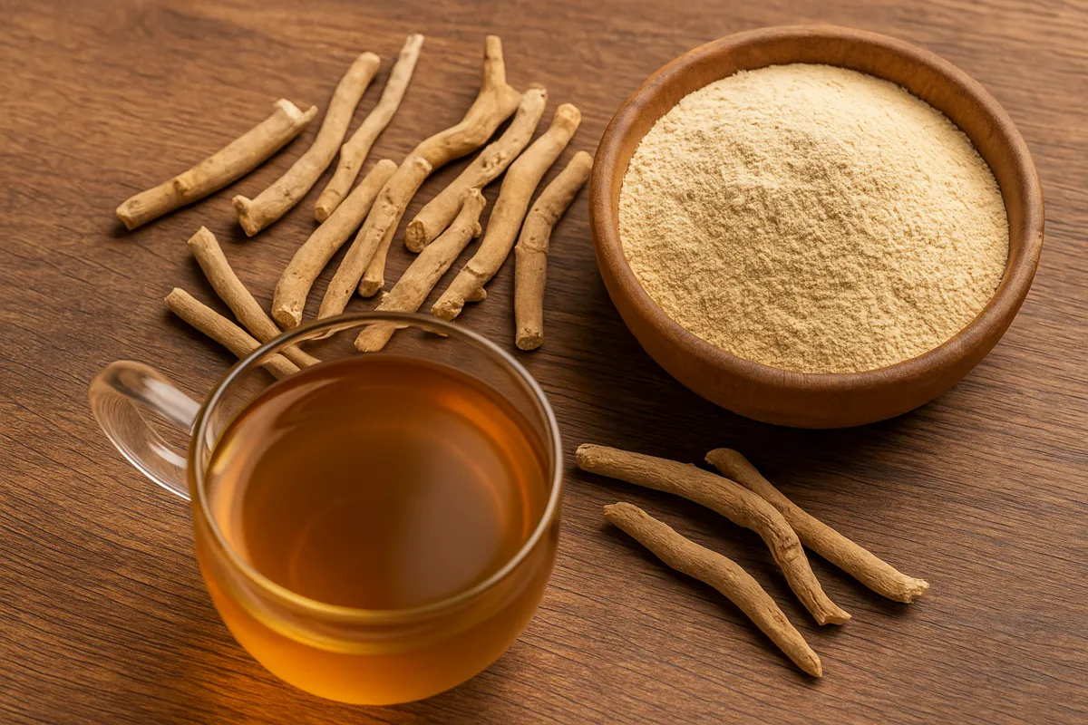 Préparation chaude apaisante : latte ayurvédique à l’ashwagandha Tasse de latte ayurvédique à l’ashwagandha, cuillère de poudre et racines sur table en bois