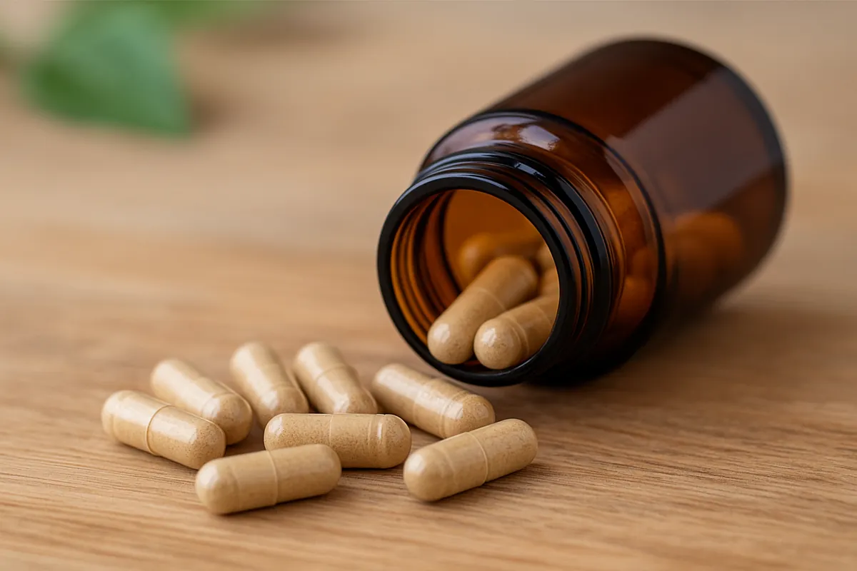Ashwagandha en gélules : présentation simple et sobre Flacon ambré ouvert d’ashwagandha avec gélules beige clair sur table en bois naturel
