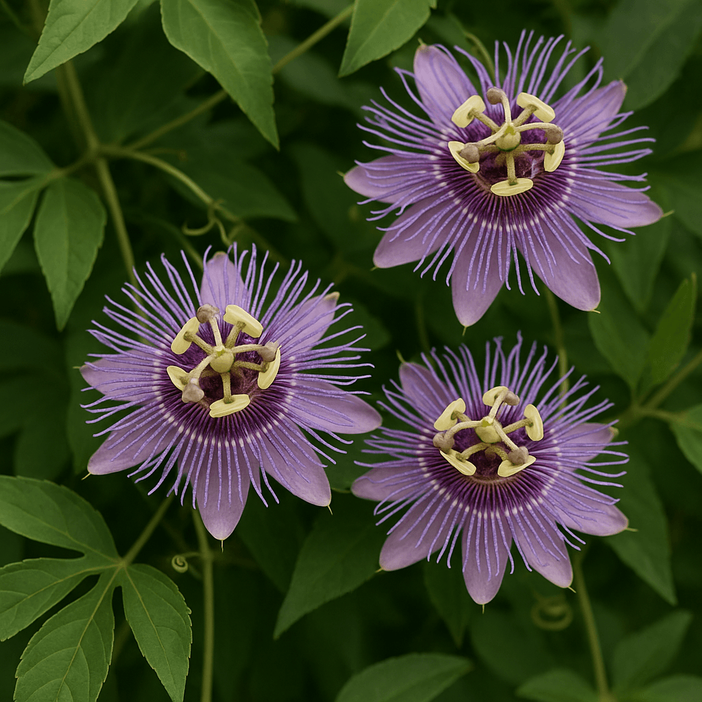 Fleur de passiflore : sommeil et anxiete Fleurs de passiflore incarnata aux pétales violets et filaments blancs, plante médicinale utilisée pour le sommeil et l’anxiété
