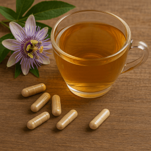 Tasse de tisane de passiflore incarnata avec gélules naturelles et fleur fraîche, remède doux pour favoriser le sommeil et réduire l’anxiété
