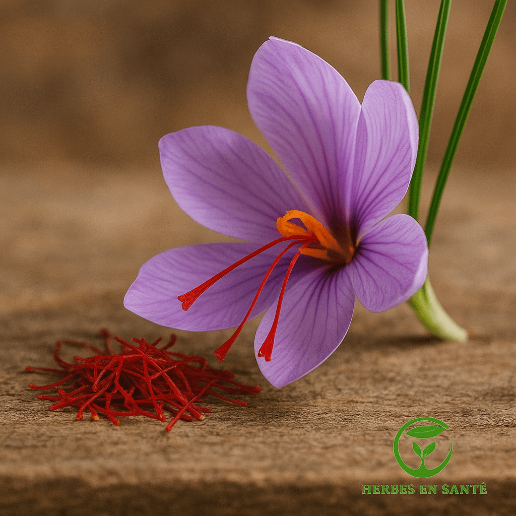 Fleur violette de crocus sativus avec pistils rouges de safran fraîchement récoltés sur une table en bois.