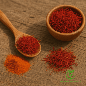 Safran moulu en poudre orange et filaments de safran rouge dans une cuillère et un bol en bois.