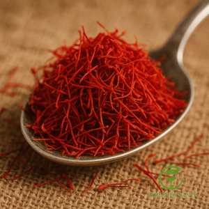 Gros plan sur des filaments de safran rouge séchés dans une cuillère en métal sur fond de toile de jute.