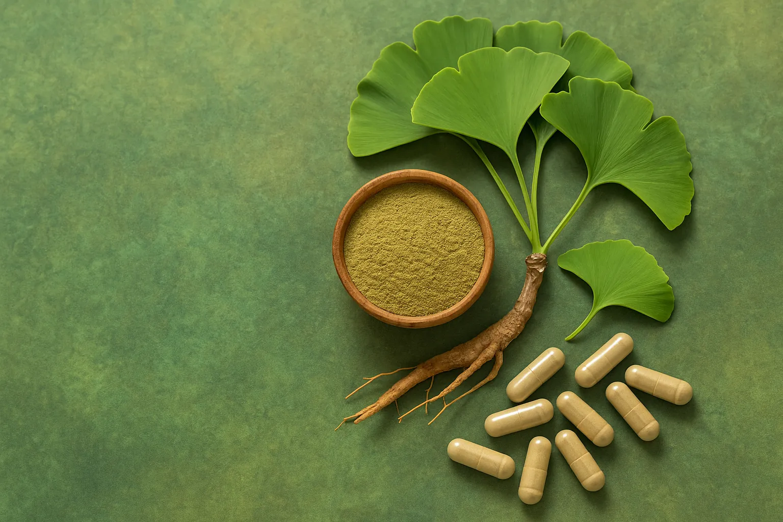 Compléments de ginkgo biloba : poudre, gélules et feuilles en éventail