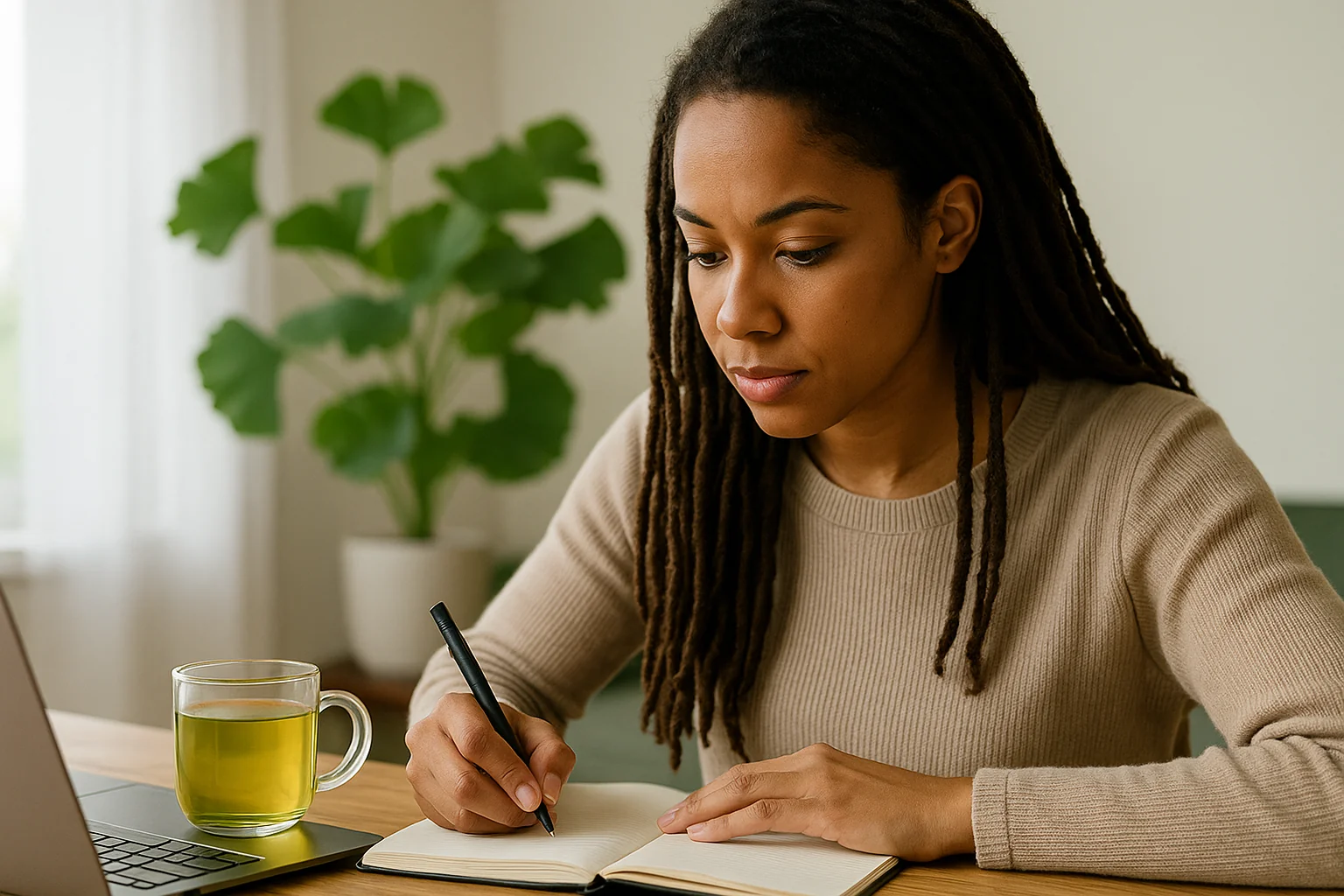 Jeune femme concentrée écrivant à un bureau, tasse de tisane de ginkgo et ordinateur à proximité