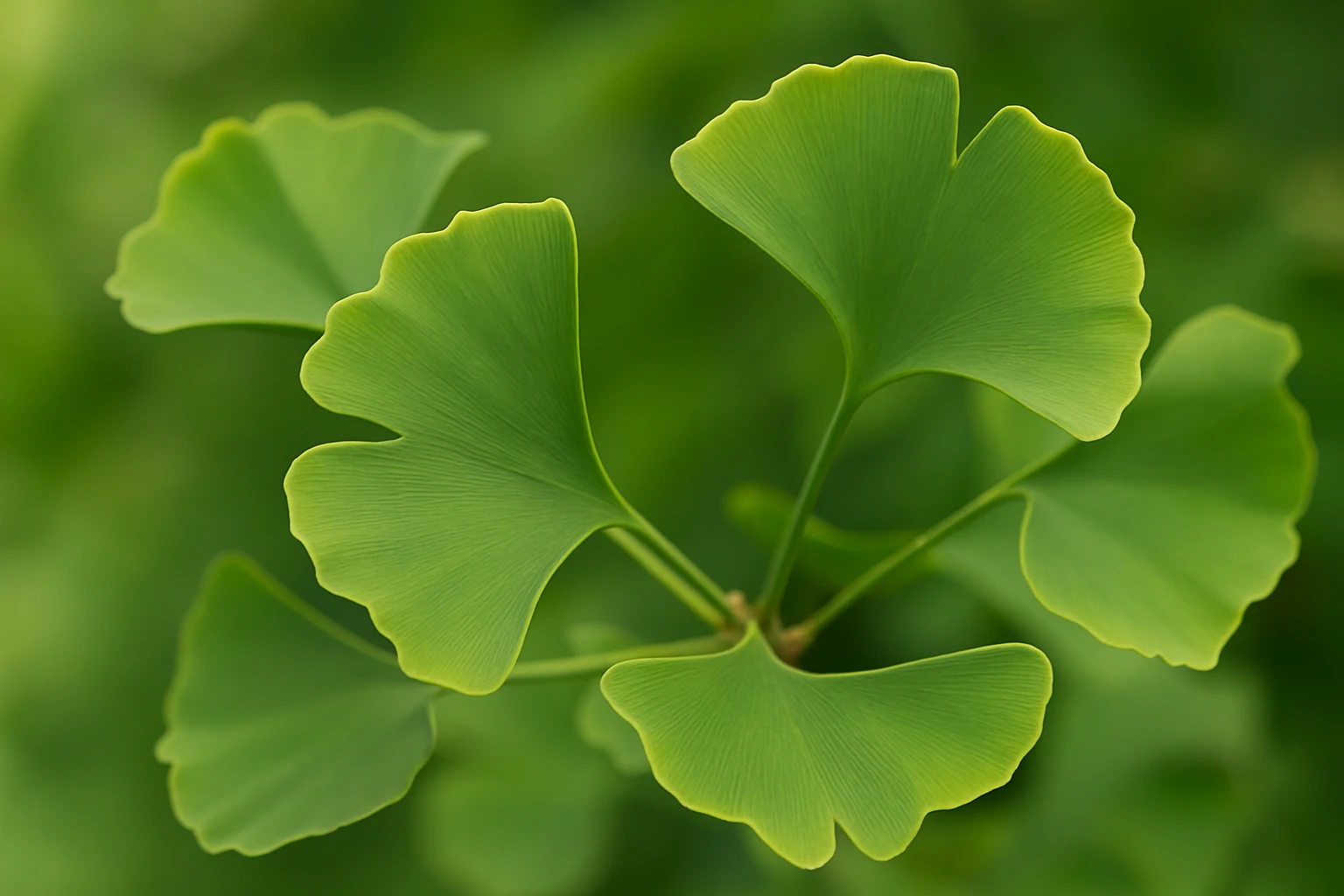 Gros plan sur les feuilles de ginkgo biloba en éventail avec nervures rayonnantes