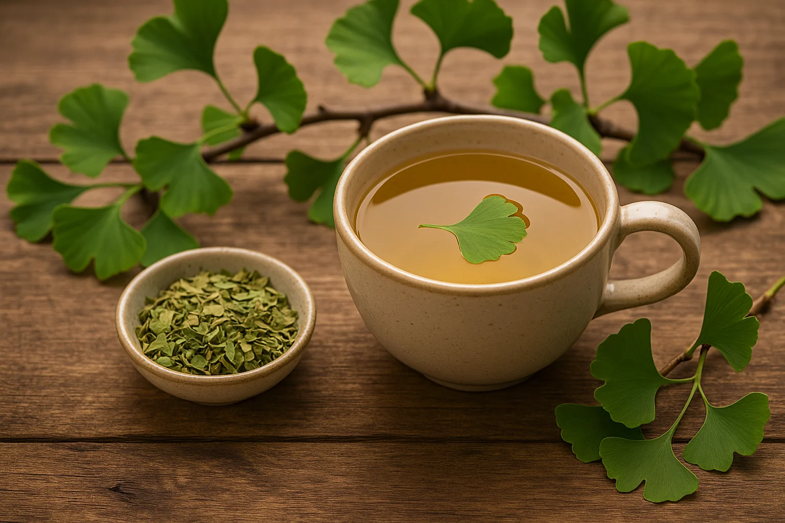 Tasse d’infusion de ginkgo biloba sur table en bois avec feuilles séchées