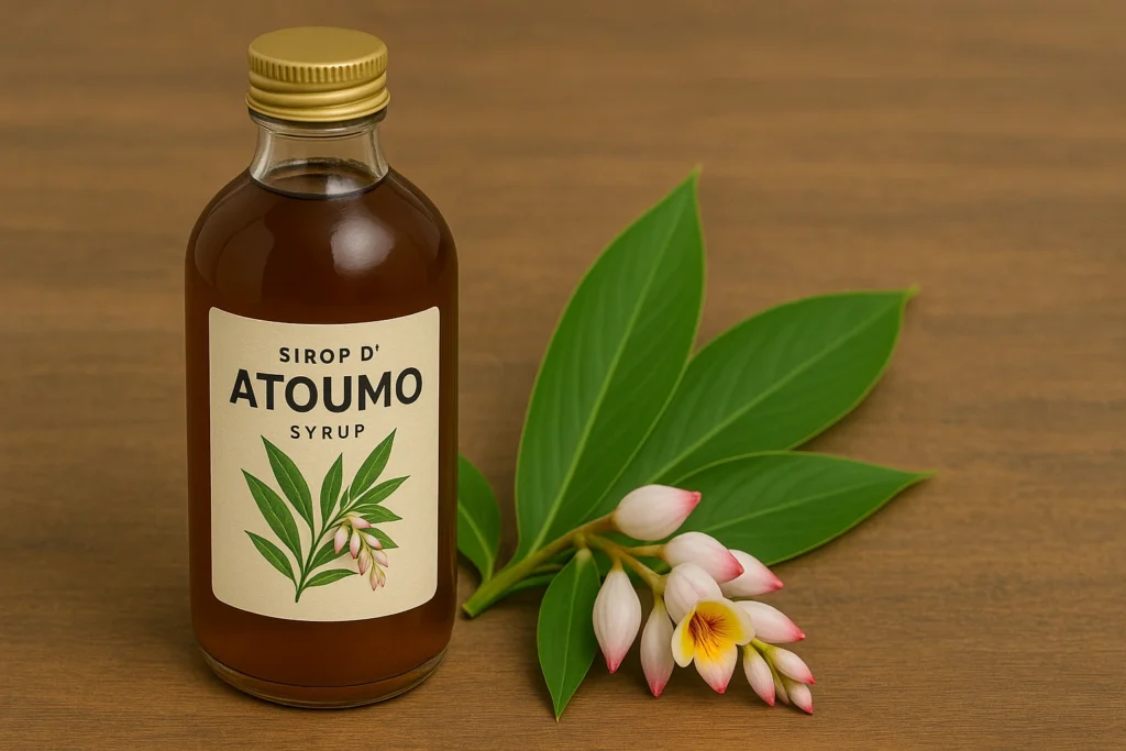 bouteille de sirop d’atoumo avec un verre rempli et des feuilles et fleurs de la plante herbesensante