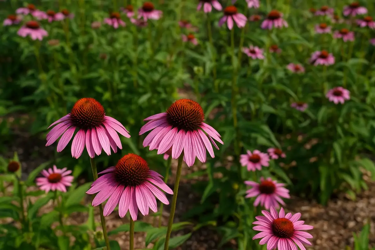 Échinacée au jardin : floraison et conditions de culture Culture d’échinacée au jardin, fleurs mauves en été