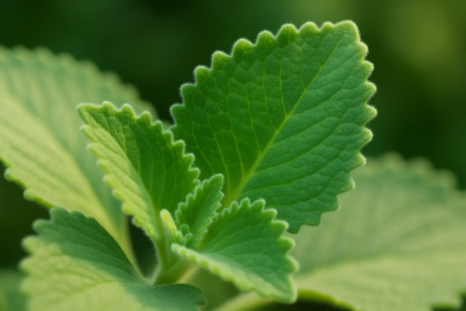 Gros plan sur les feuilles de gros thym : texture veloutée, bord dentelé, glandes aromatiques