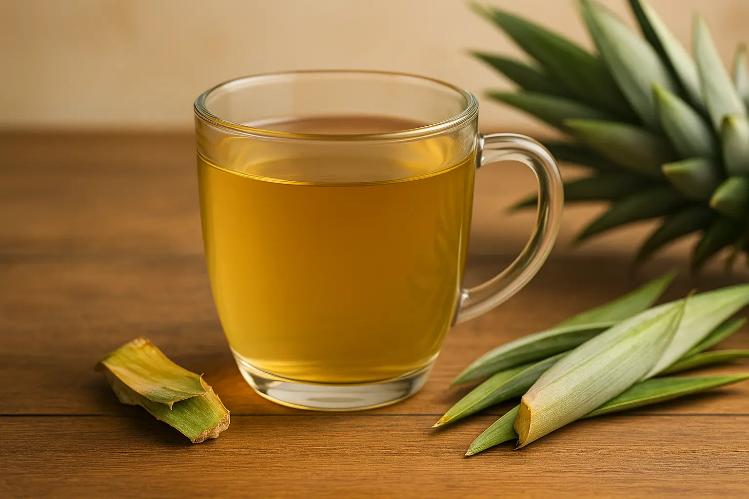 Tasse en verre d’infusion de feuilles d’ananas, couleur dorée, vapeur légère, lumière naturelle sur fond en bois clair