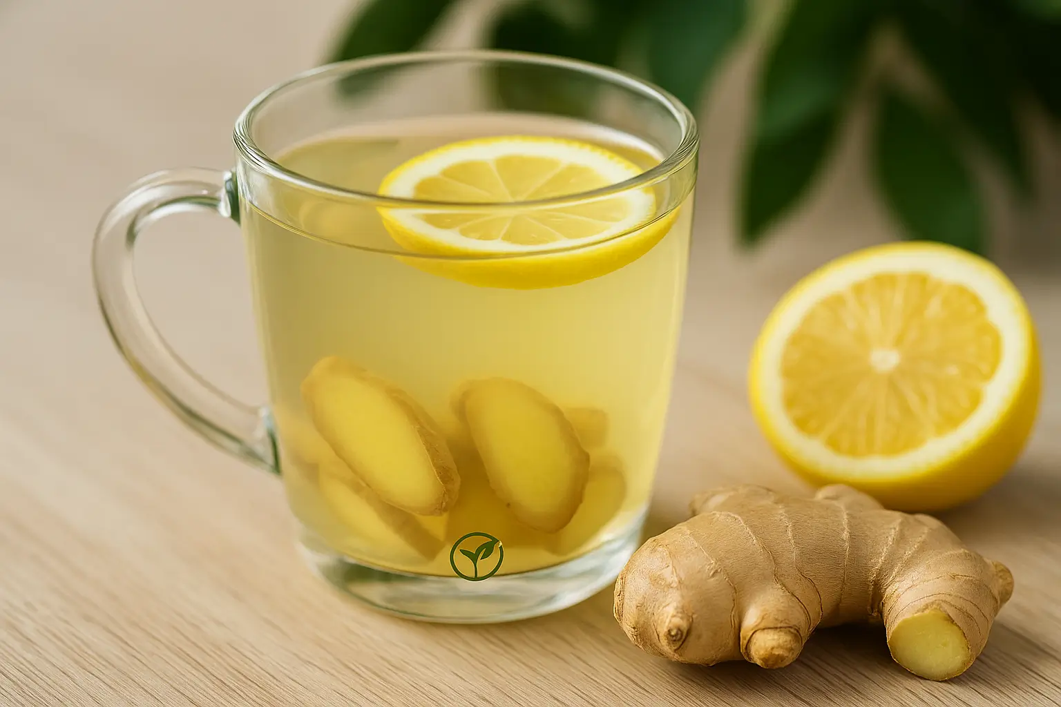 Infusion de gingembre au citron Tasse d’infusion chaude au gingembre et citron sur fond de bois naturel