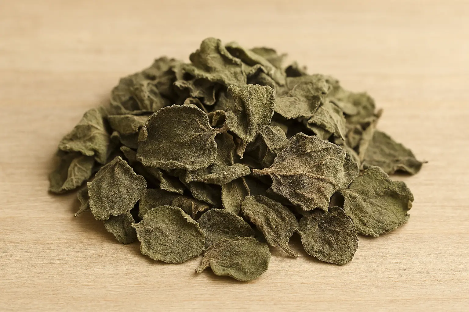 Feuilles séchées de gros thym prêtes pour tisane sur fond clair naturel