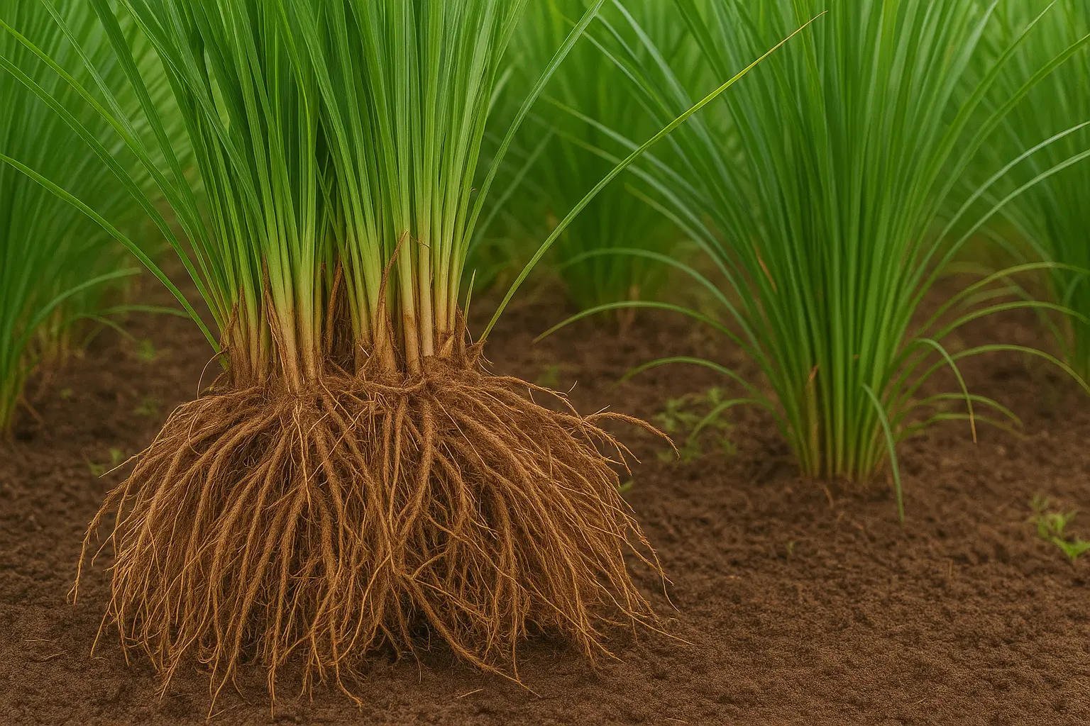 Plantation de vetiver en rangées dans un champ tropical
