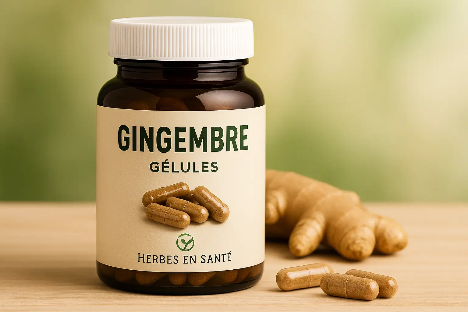 Gélules de gingembre – Herbes en Santé Flacon ambré de gélules de gingembre avec logo Herbes en Santé centré en bas