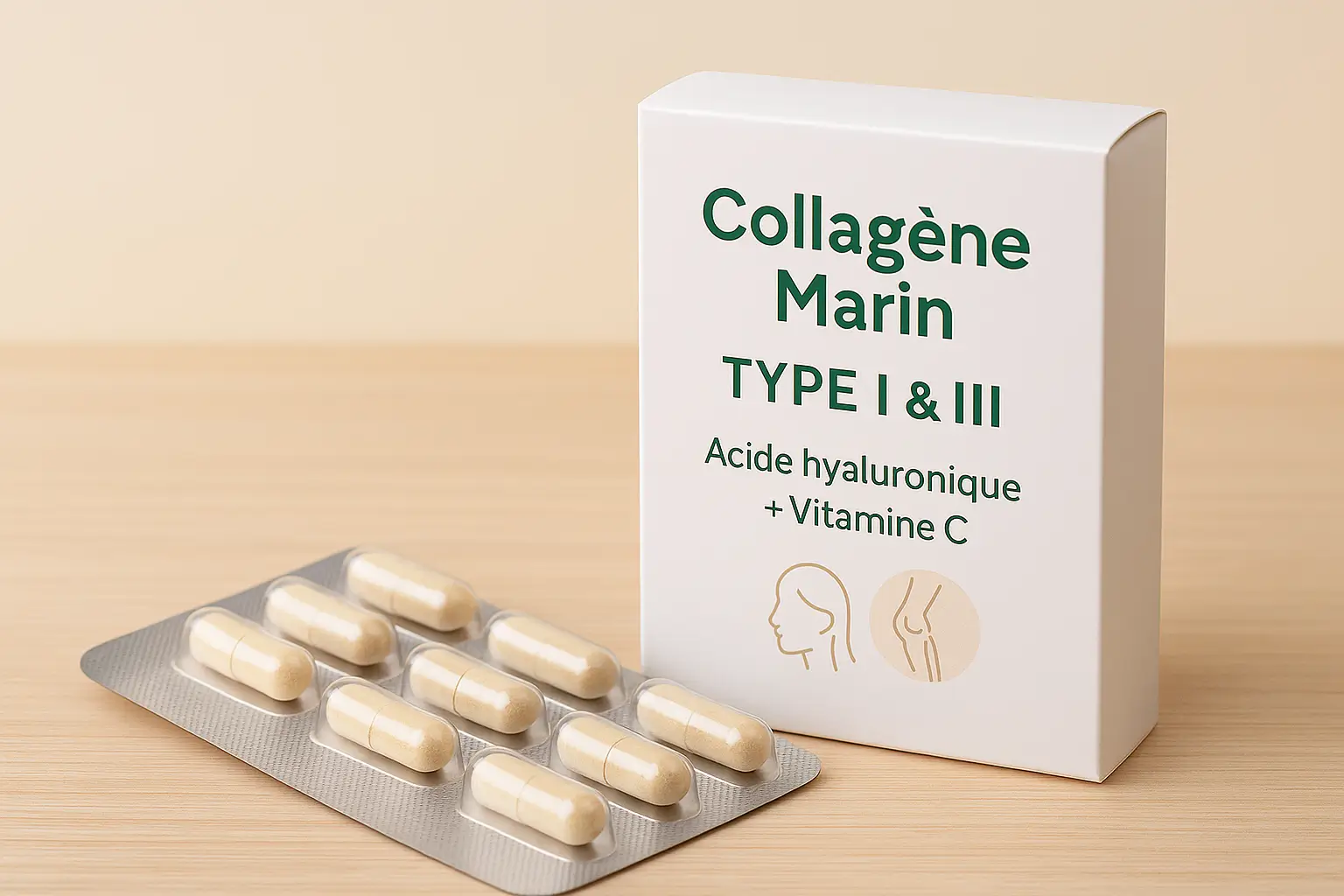 Collagène marin + acide hyaluronique + vitamine C Collagène marin avec acide hyaluronique type I & III – complément articulations et peau