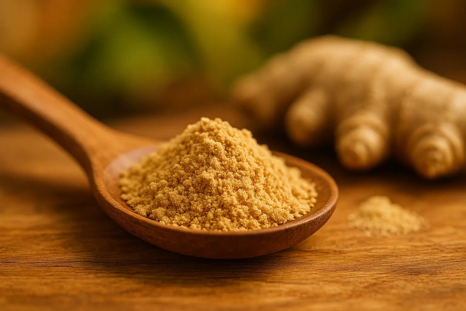 Poudre de gingembre – dosage pratique Cuillère en bois remplie de poudre de gingembre, rhizome en arrière-plan flou