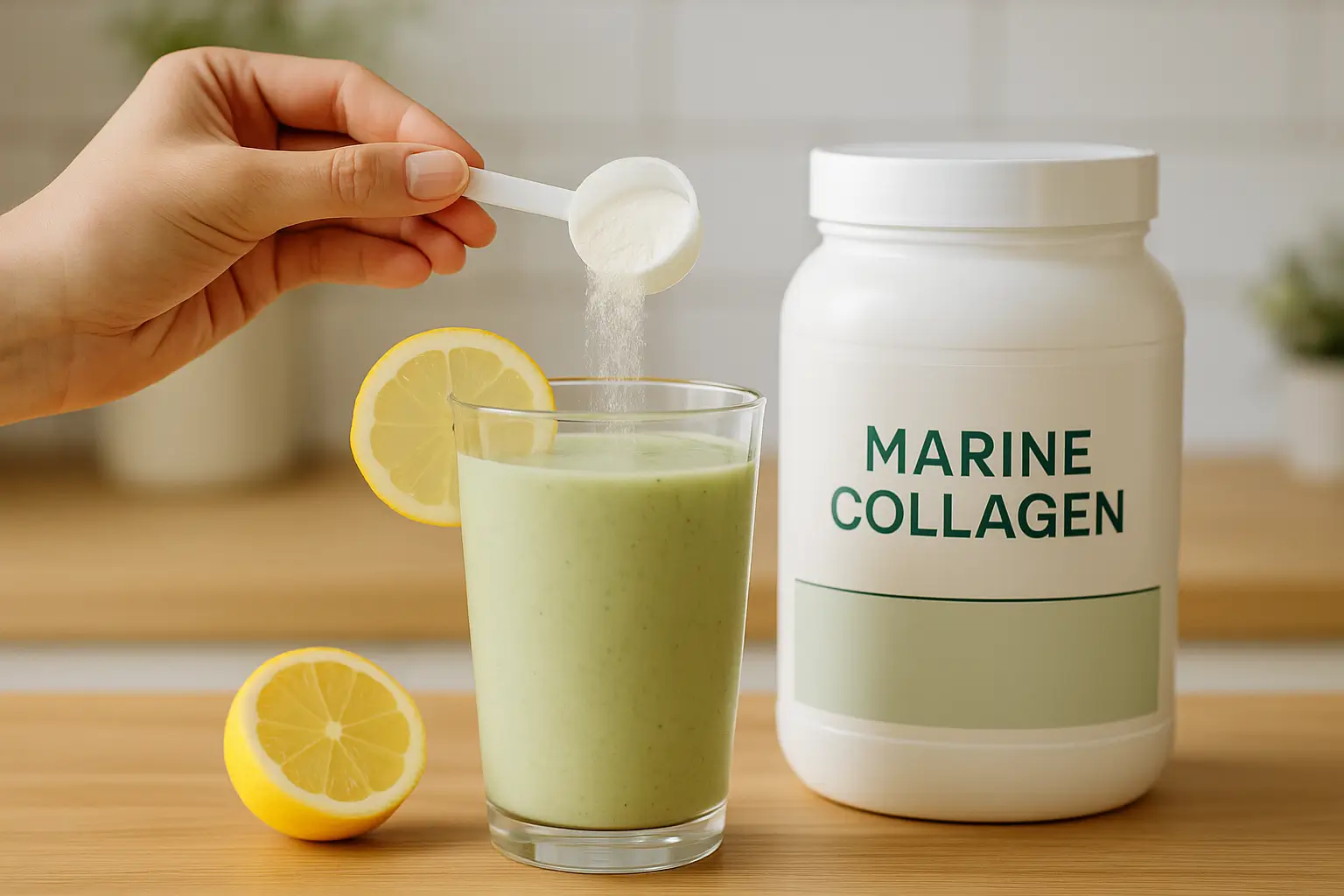 Comment consommer le collagène marin au quotidien Cuillère de collagène marin ajoutée à une boisson tiède ou un smoothie, routine beauté et vitalité