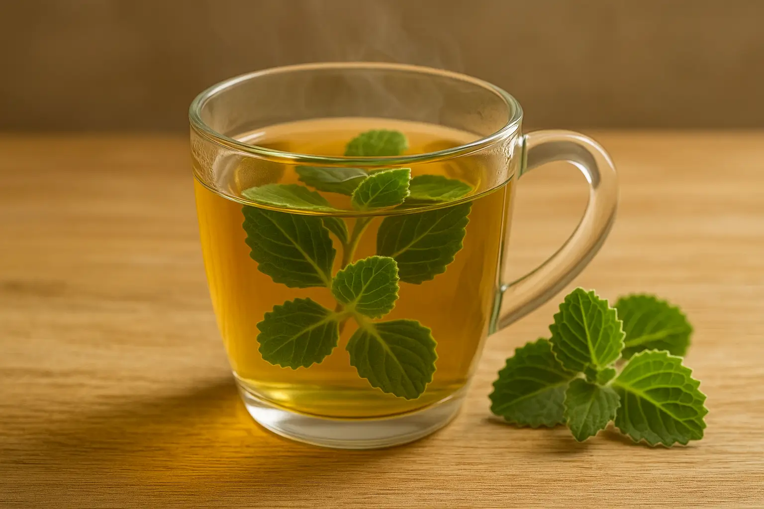 Tasse en verre d’infusion de gros thym : feuilles fraîches infusées, vapeur douce, ambiance naturelle