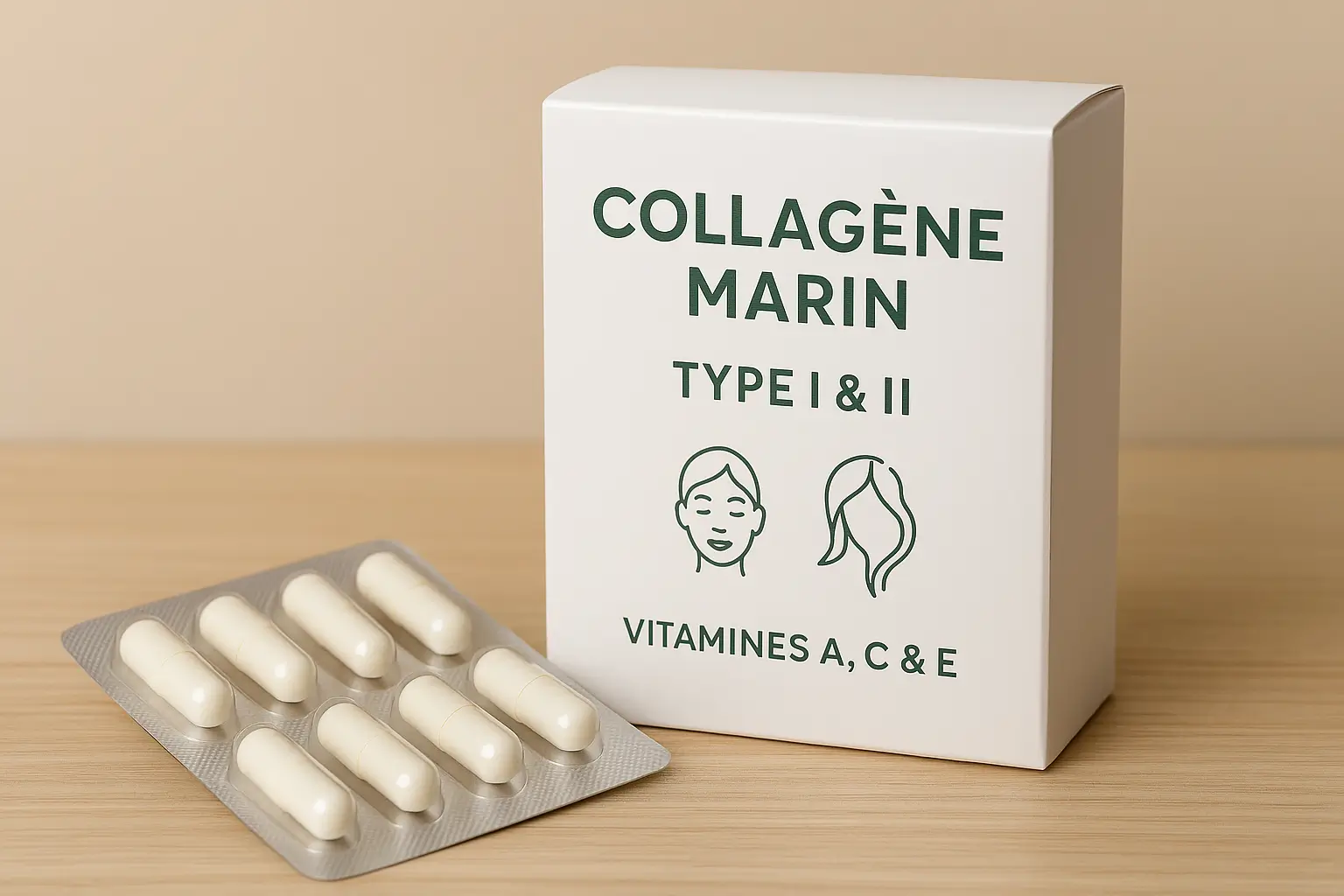 Collagène marin Type 1 & 2 + Vitamines A, C & E Gélules de collagène marin type I et II avec vitamines A, C, E – peau et articulations