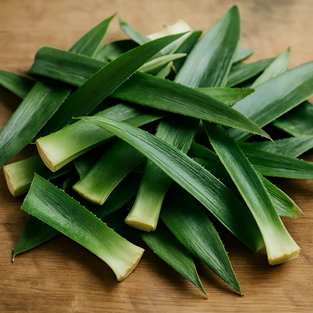 Feuilles d’ananas fraîches découpées sur une planche en bois clair, prêtes à être infusées, lumière douce et naturelle